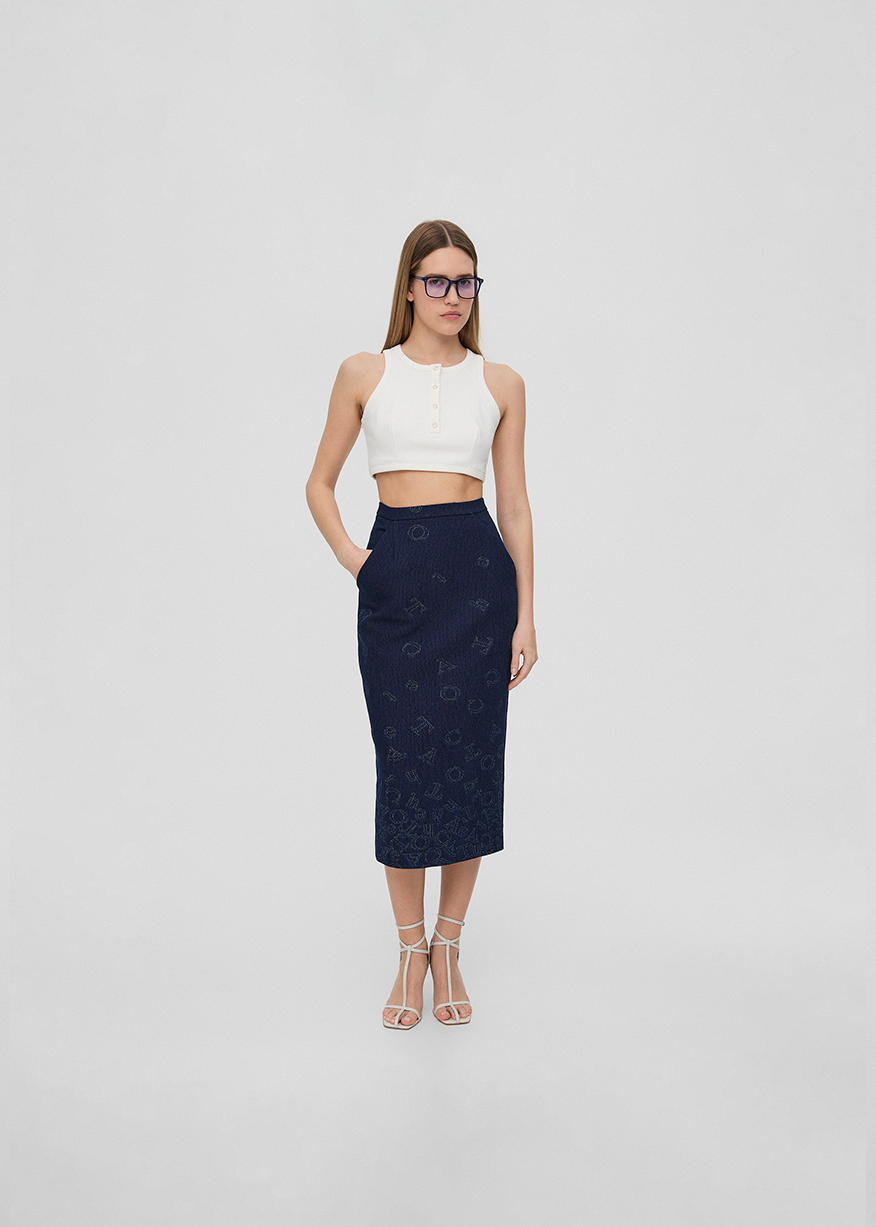 DENIM PENCIL SKIRT IN DARK NAVY