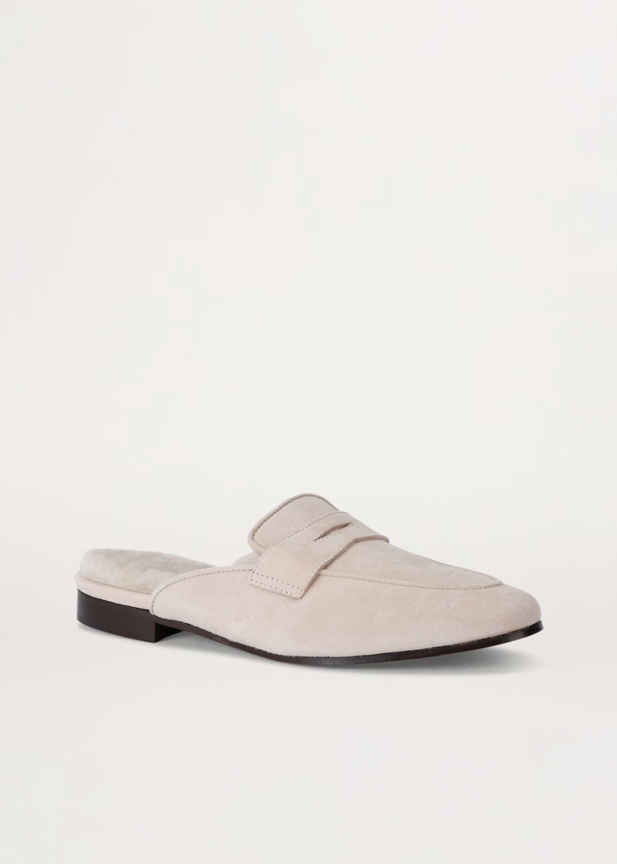 IVORY SUEDE AND SHEARLING SLIPPERS