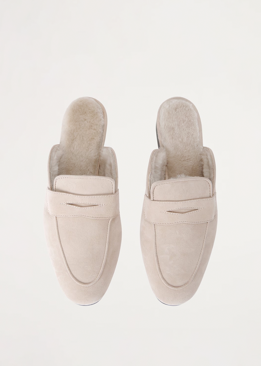 IVORY SUEDE AND SHEARLING SLIPPERS