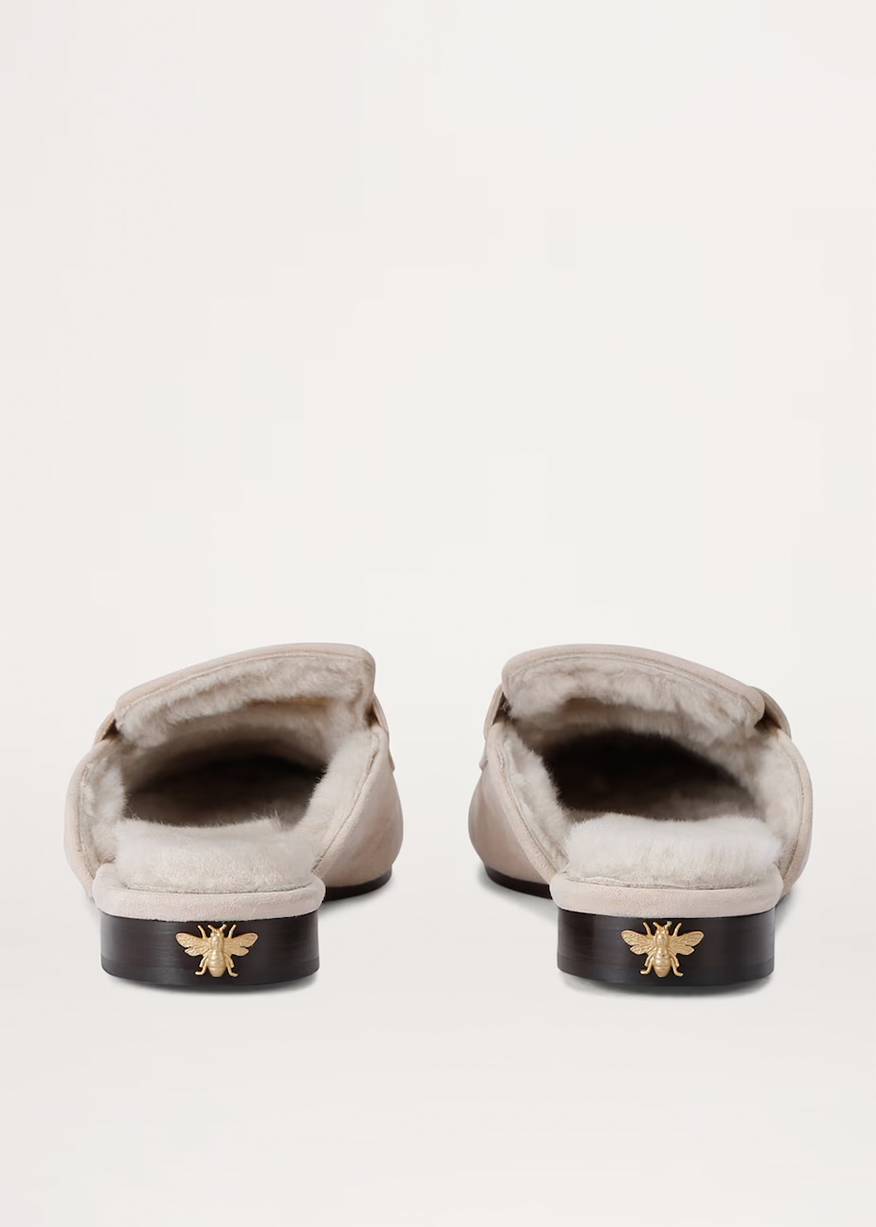 IVORY SUEDE AND SHEARLING SLIPPERS