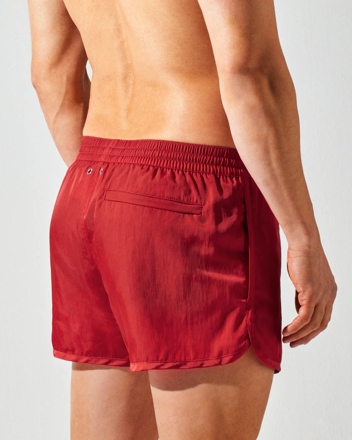 SWIM SHORTS IN POPPY RED SATIN TWILL