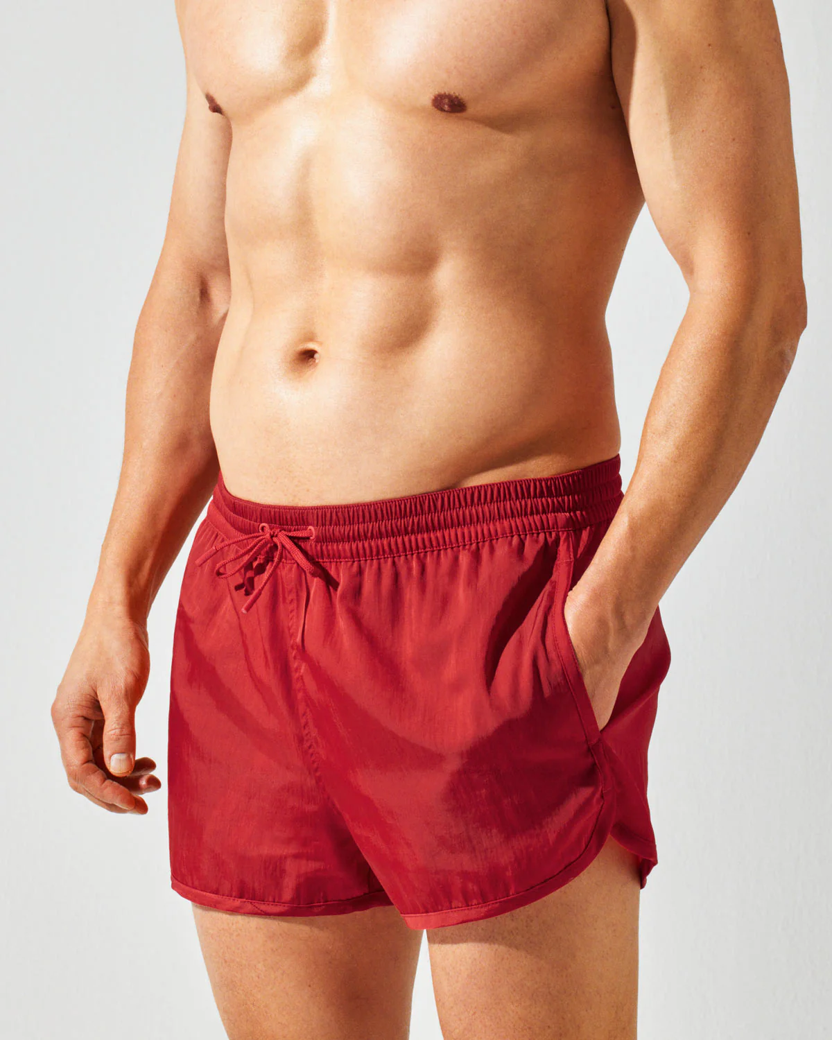 SWIM SHORTS IN POPPY RED SATIN TWILL