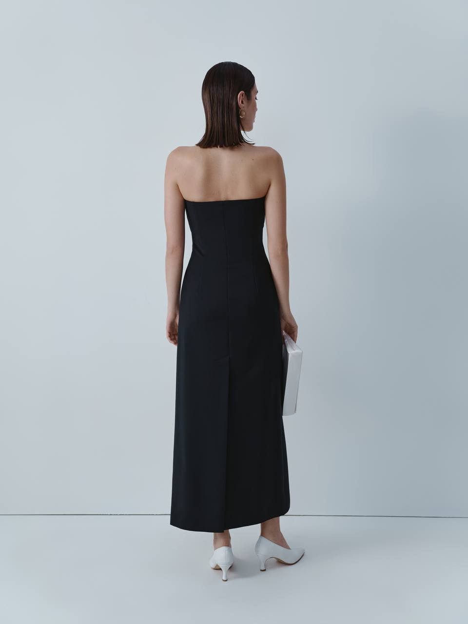 BLACK WOOL MIDI DRESS WITH IVORY SILK BUSTIER