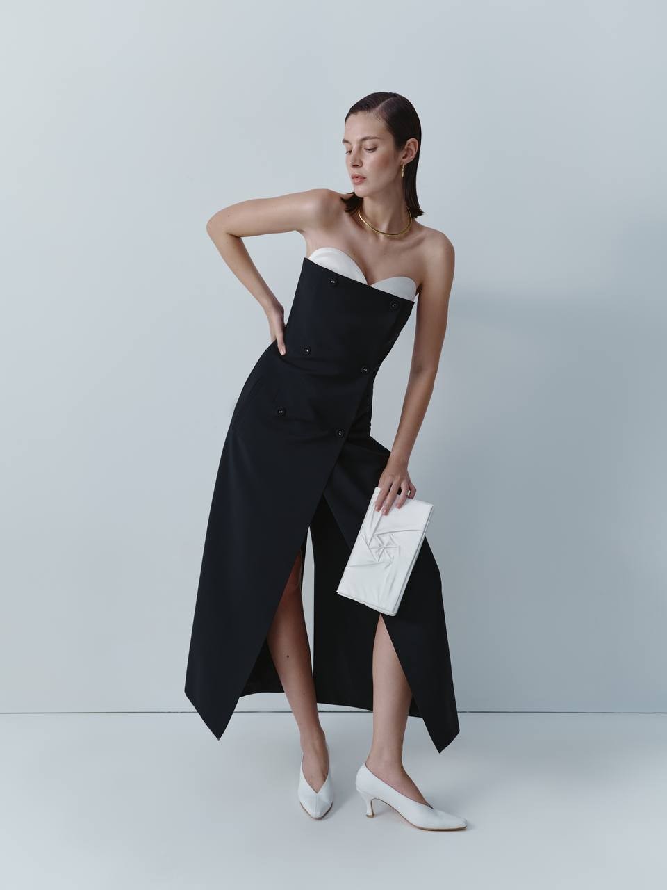 BLACK WOOL MIDI DRESS WITH IVORY SILK BUSTIER