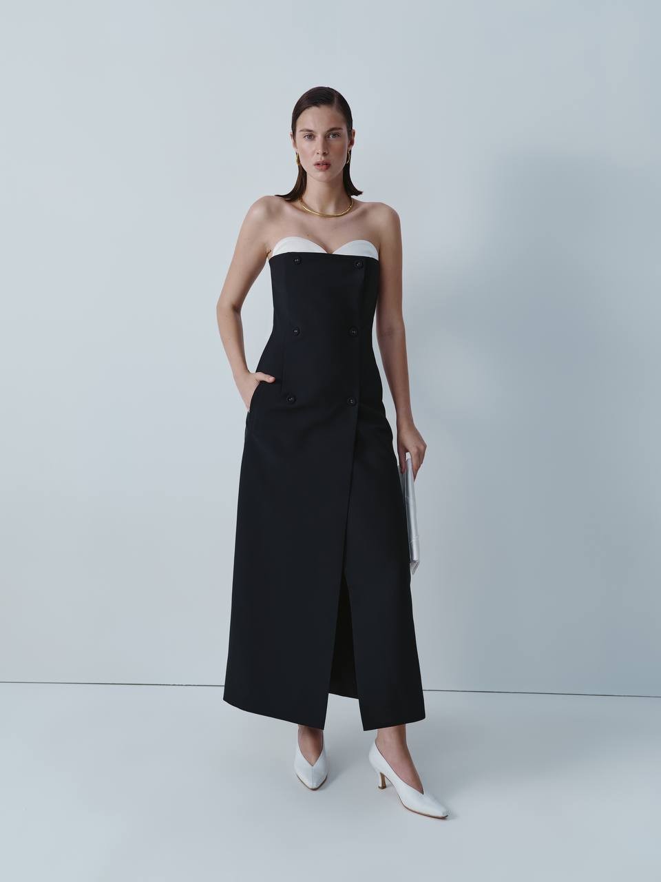 BLACK WOOL MIDI DRESS WITH IVORY SILK BUSTIER