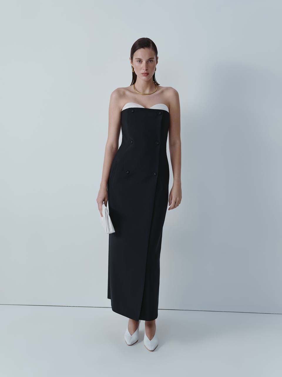 BLACK WOOL MIDI DRESS WITH IVORY SILK BUSTIER