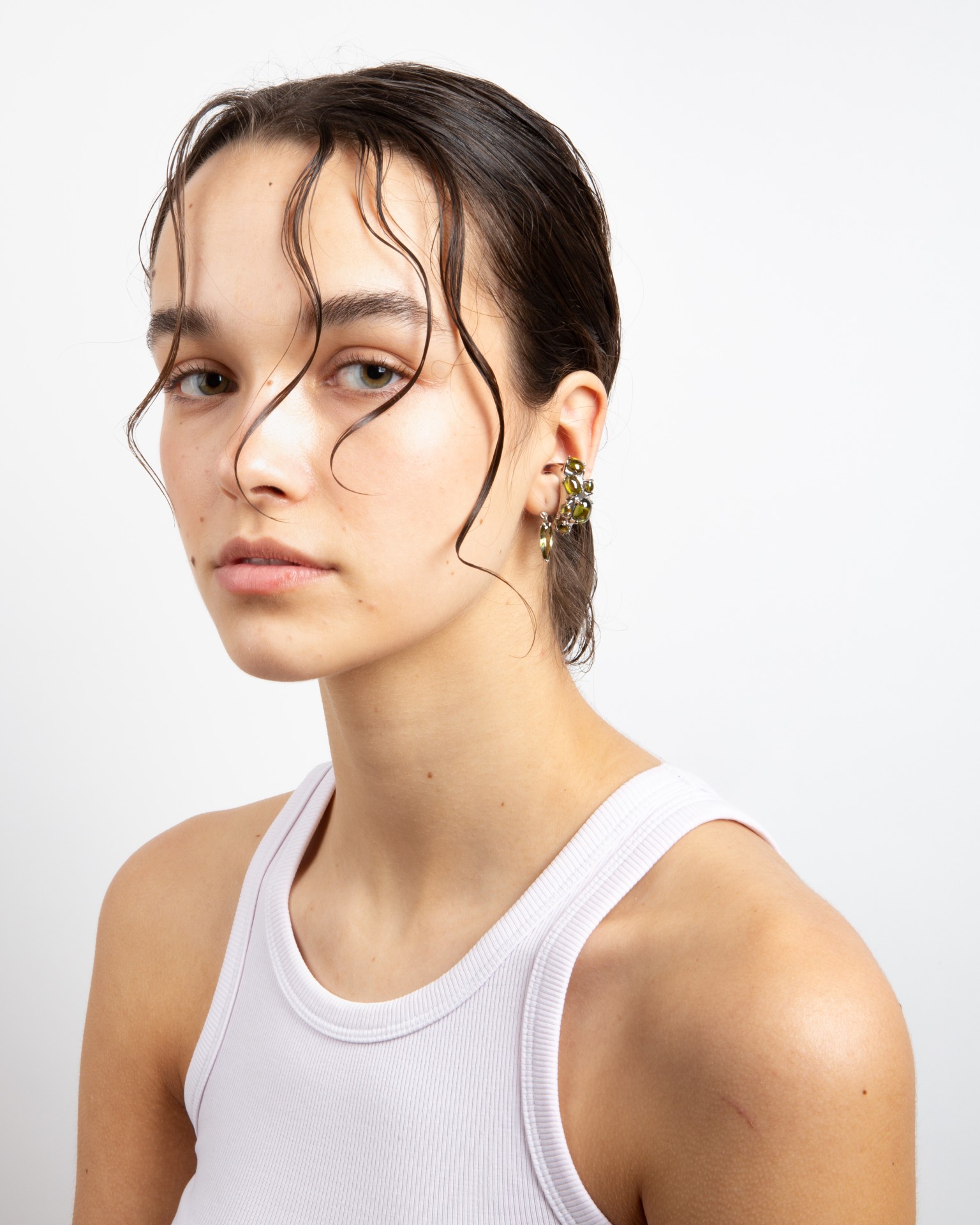 BLOWN CHARM OLIVE GREEN EAR CUFF IN SILVER (LEFT)