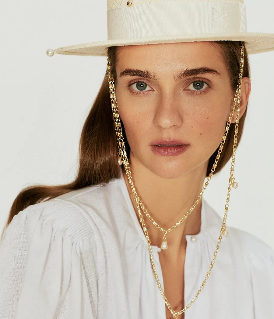 DOUBLE CHAIN STRAP STRAW BOATER HAT