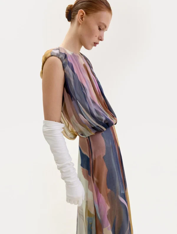 CHIFFON MIDI DRESS IN ABSTRACT PRINT