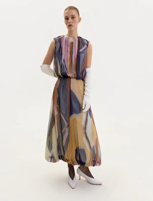 CHIFFON MIDI DRESS IN ABSTRACT PRINT