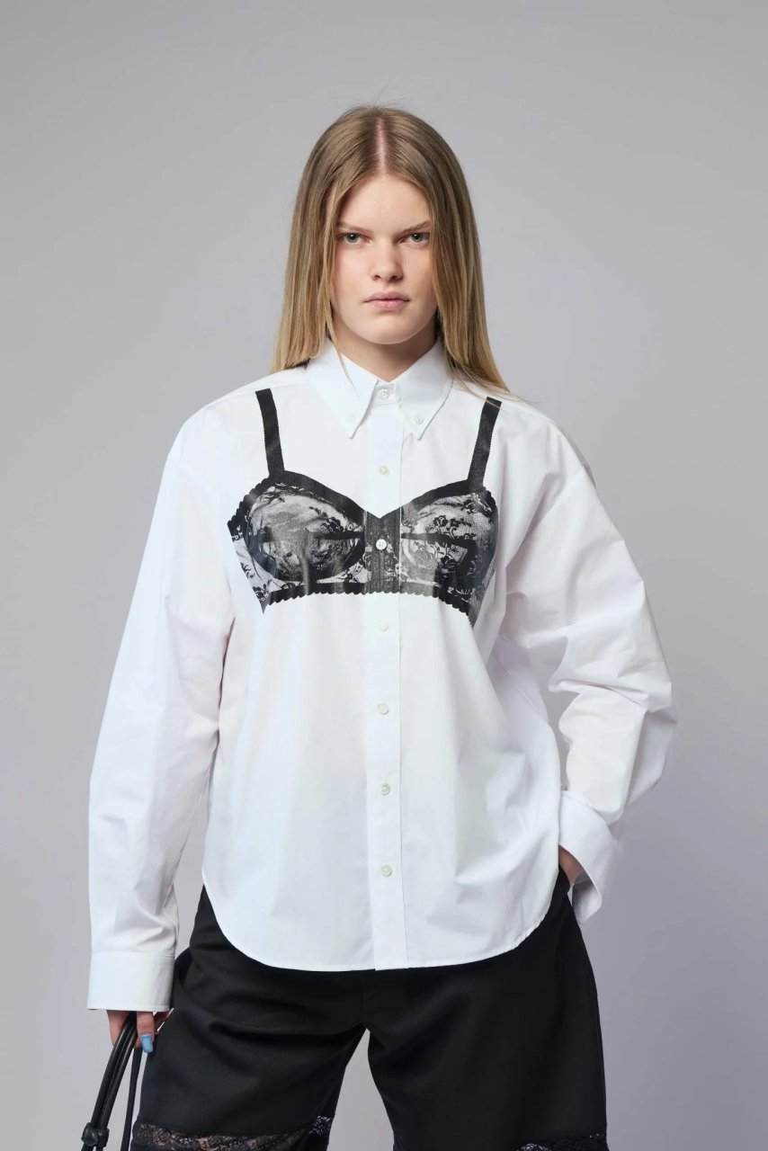 WOMEN TROMPE L'OEIL BUTTON DOWN SHIRT WOVEN