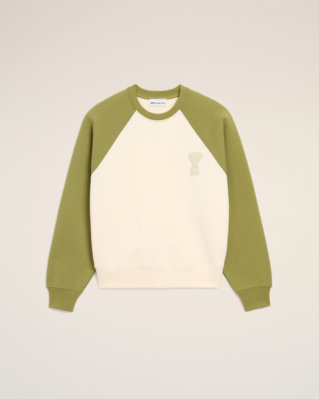 BOXY FIT CREWNECK WITH AMI DE COEUR KNITTED PATCH IN BLANC CREME/MATCHA