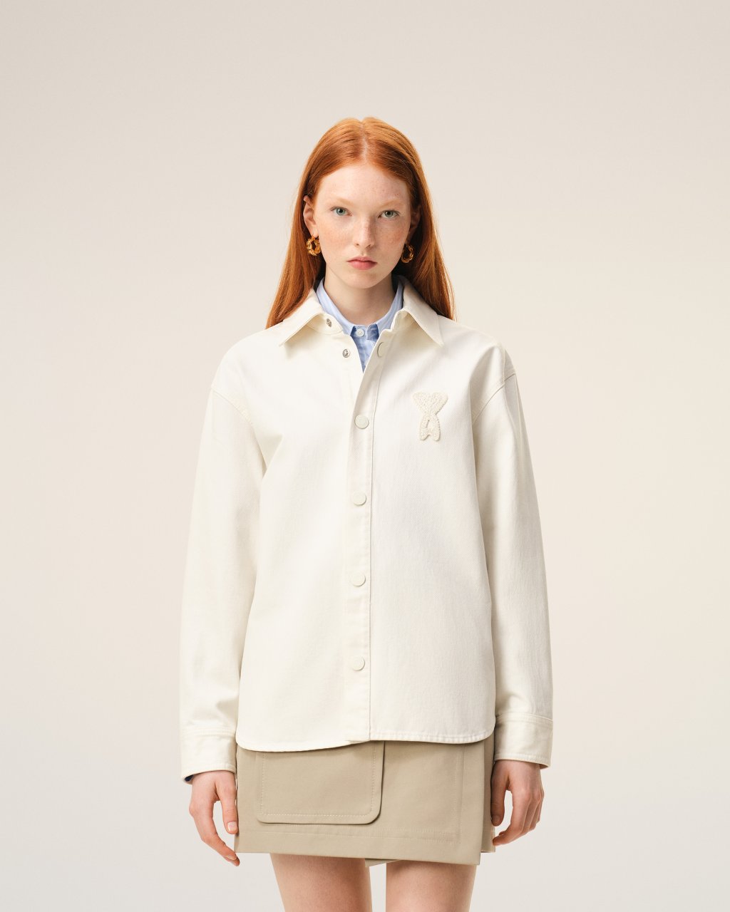 OVERSHIRT WITH KNITTED AMI DE COEUR IN WHITE CREAM