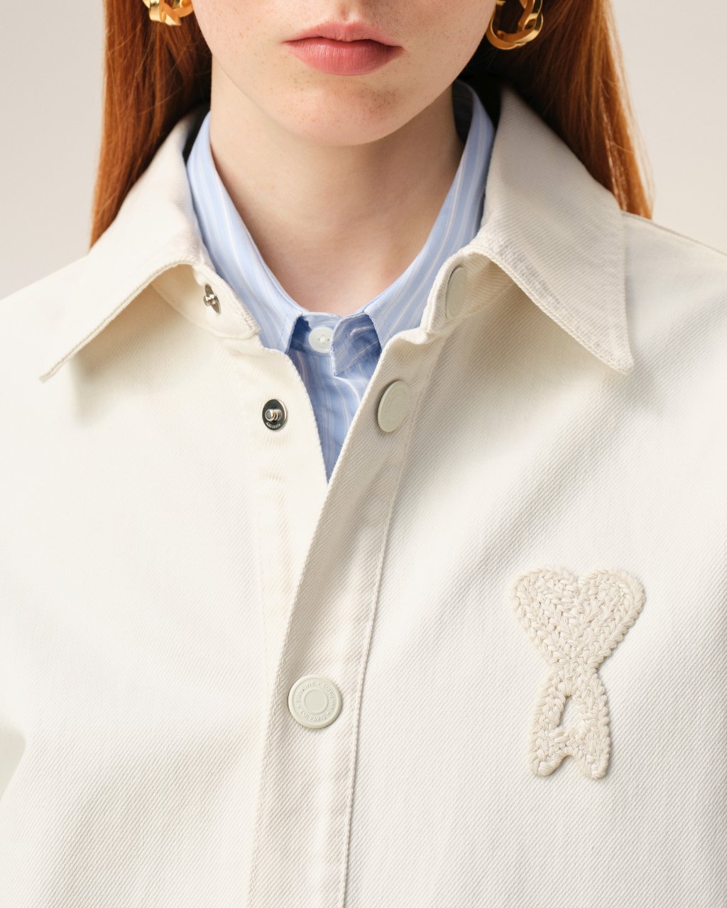 OVERSHIRT WITH KNITTED AMI DE COEUR IN WHITE CREAM