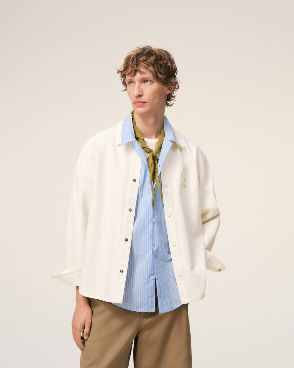 OVERSHIRT WITH KNITTED AMI DE COEUR IN WHITE CREAM