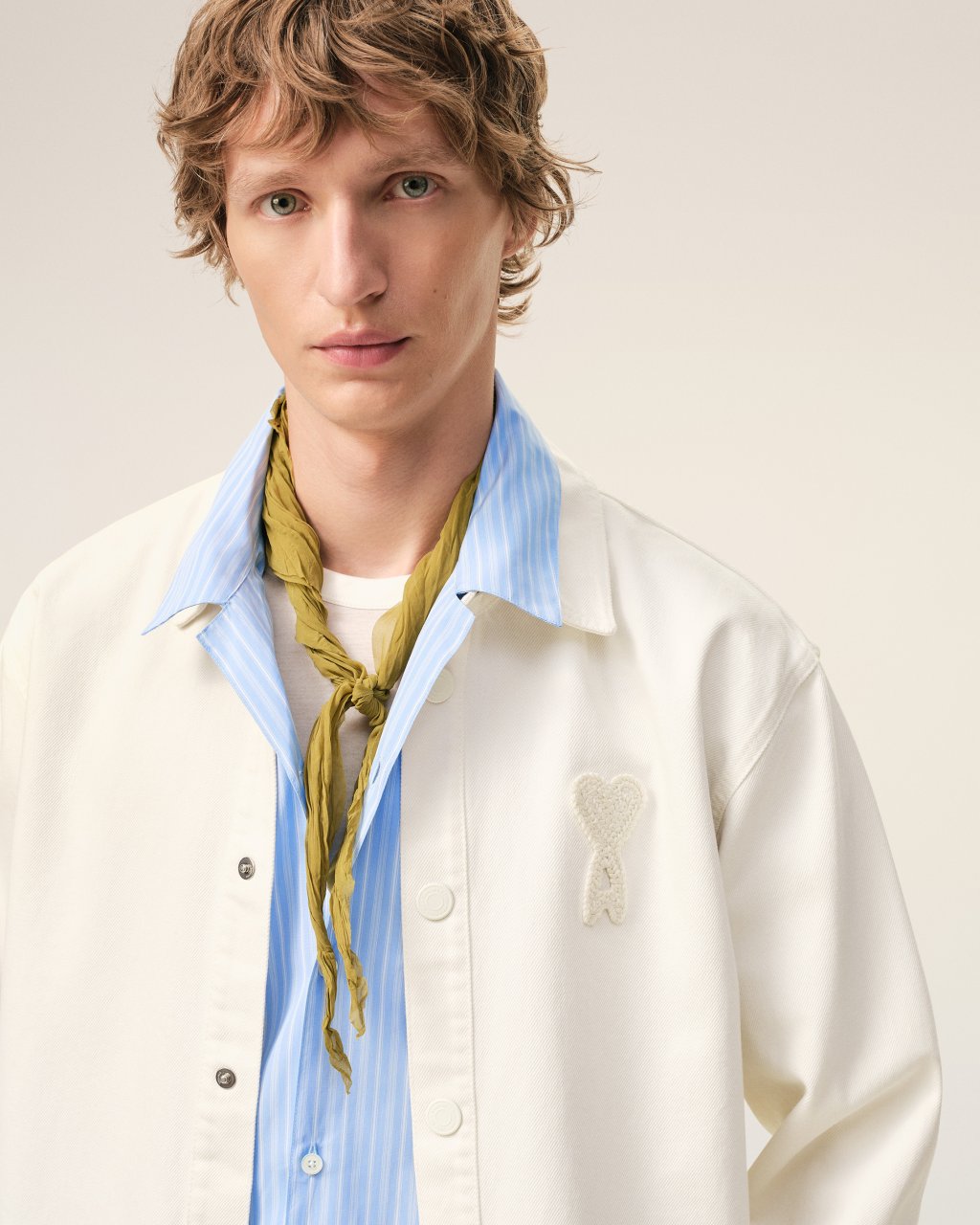 OVERSHIRT WITH KNITTED AMI DE COEUR IN WHITE CREAM