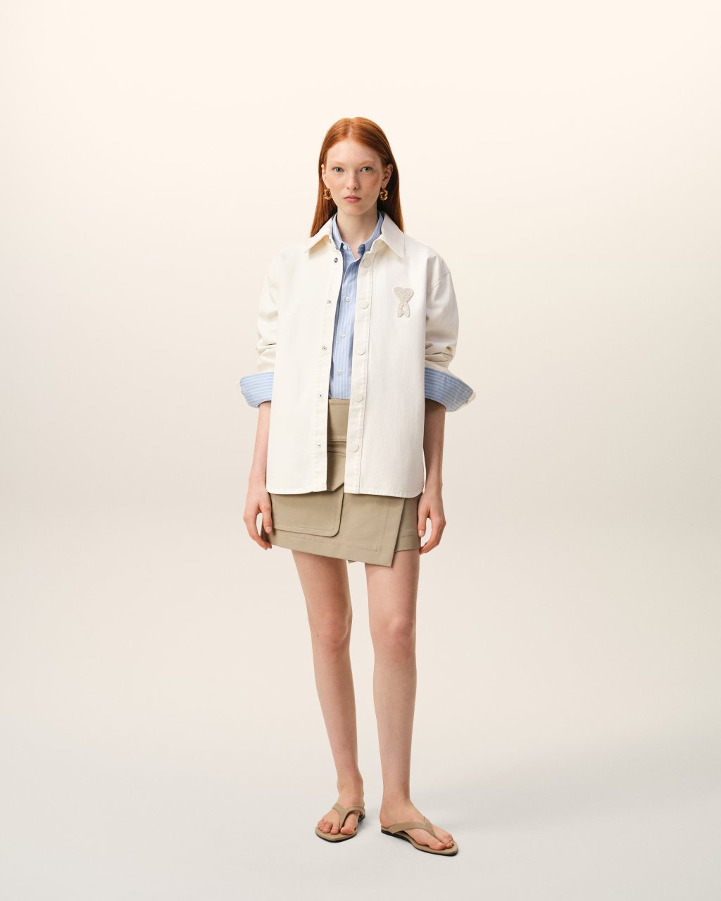 OVERSHIRT WITH KNITTED AMI DE COEUR IN WHITE CREAM
