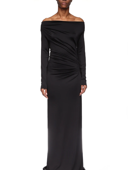 OFF-SHOULDER DRAPED GOWN IN BLACK