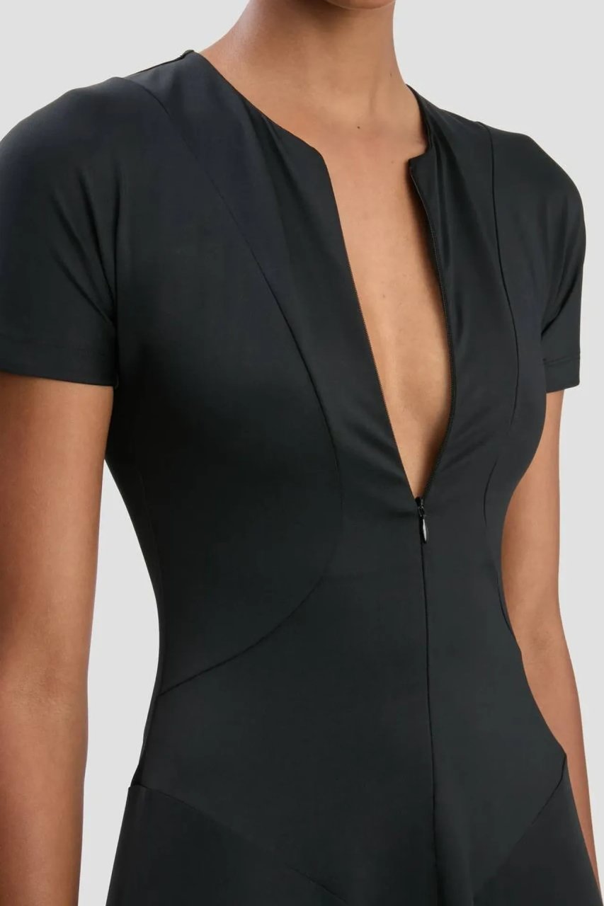 ZIPPED FRONT MIDI DRESS IN BLACK