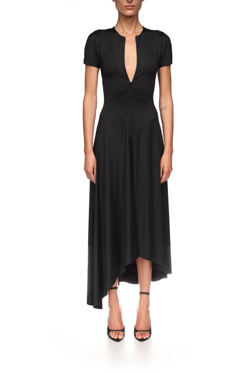 ZIPPED FRONT MIDI DRESS IN BLACK