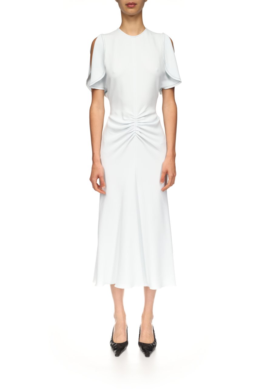 GATHERED WAIST MIDI DRESS IN GLACIAL BLUE