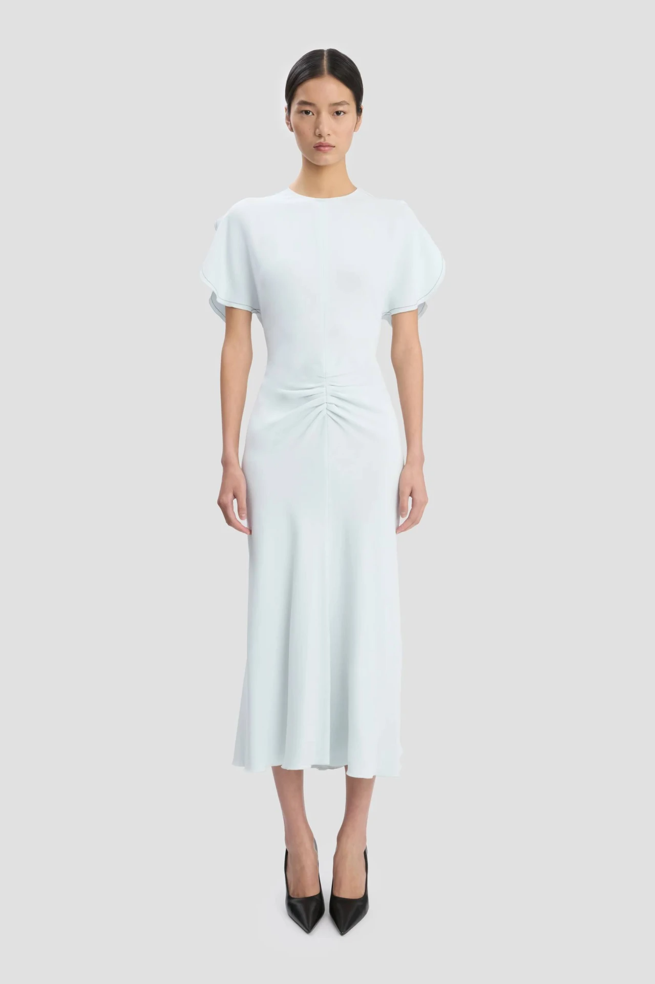 GATHERED WAIST MIDI DRESS IN GLACIAL BLUE