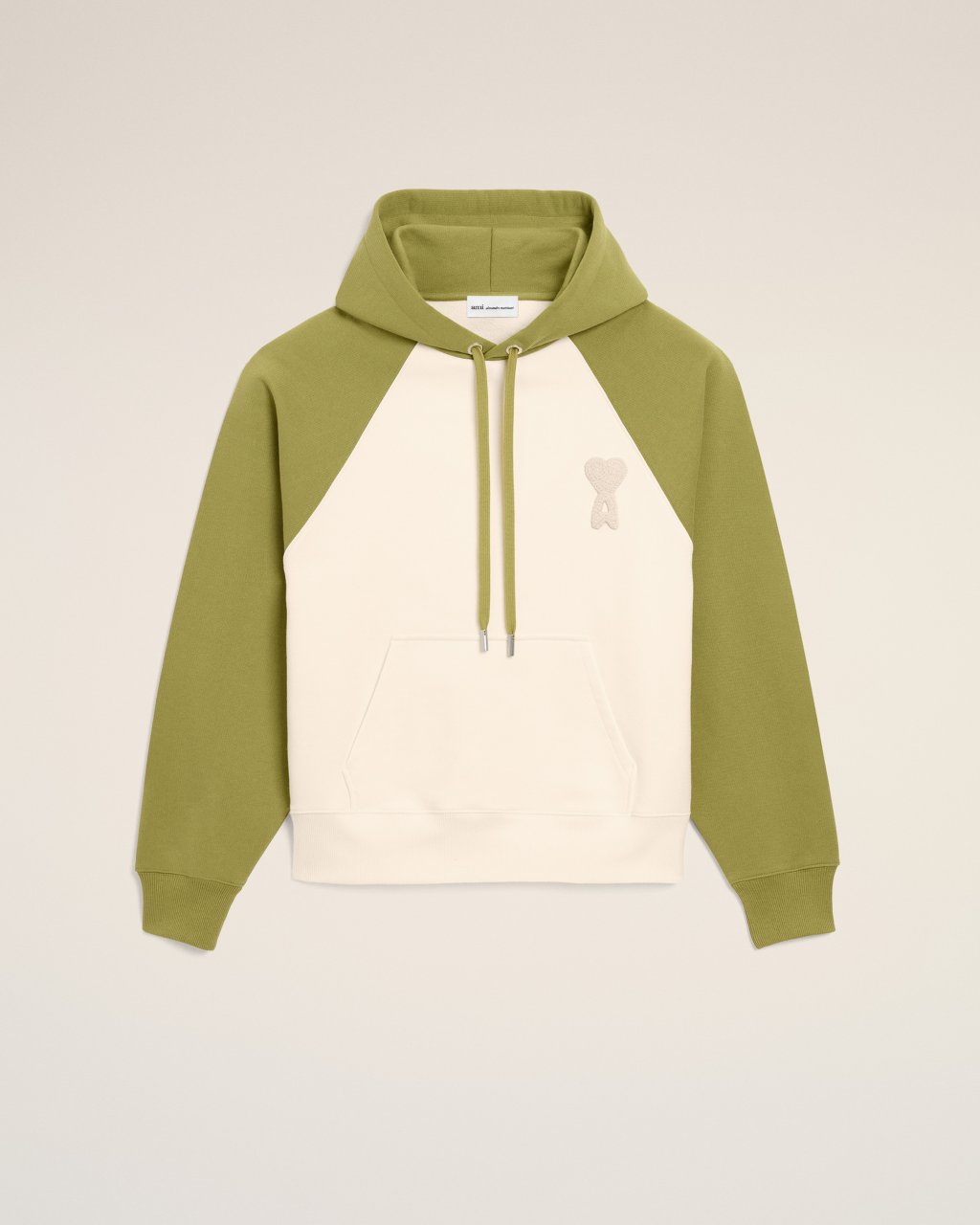 BOXY FIT HOODIE WITH AMI DE COEUR KNITTED PATCH IN BLANC CREME/MATCHA 