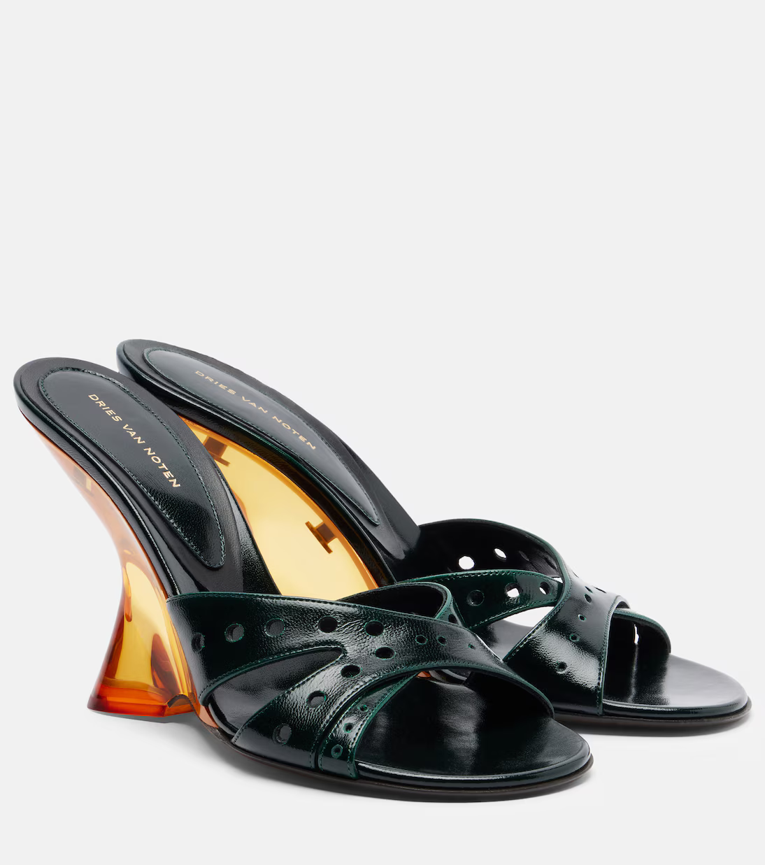 OPEN-TOE LEATHER MULES IN EMERALD