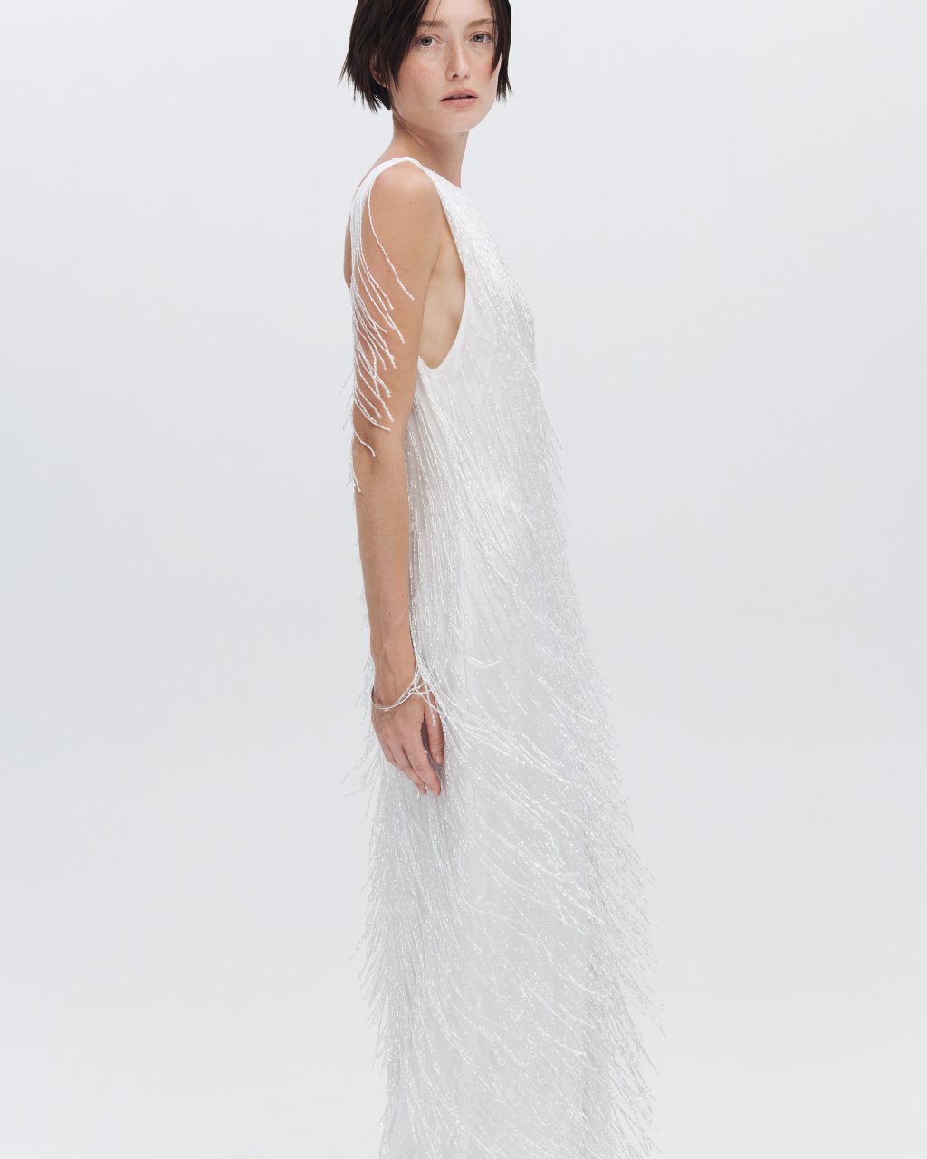BEADED FRINGE MAXI DRESS IN WHITE