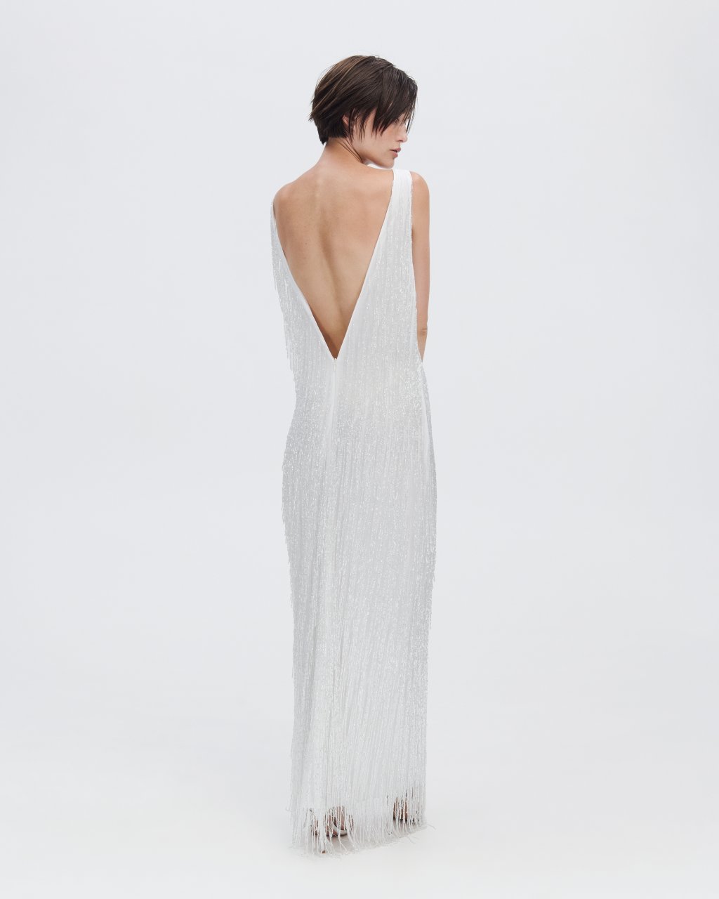 BEADED FRINGE MAXI DRESS IN WHITE