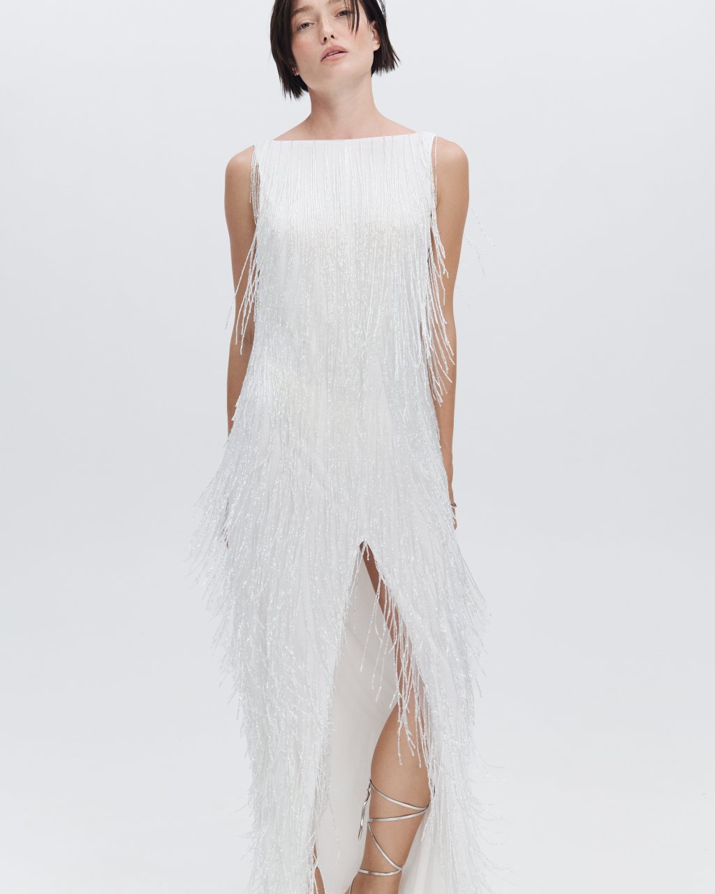 BEADED FRINGE MAXI DRESS IN WHITE