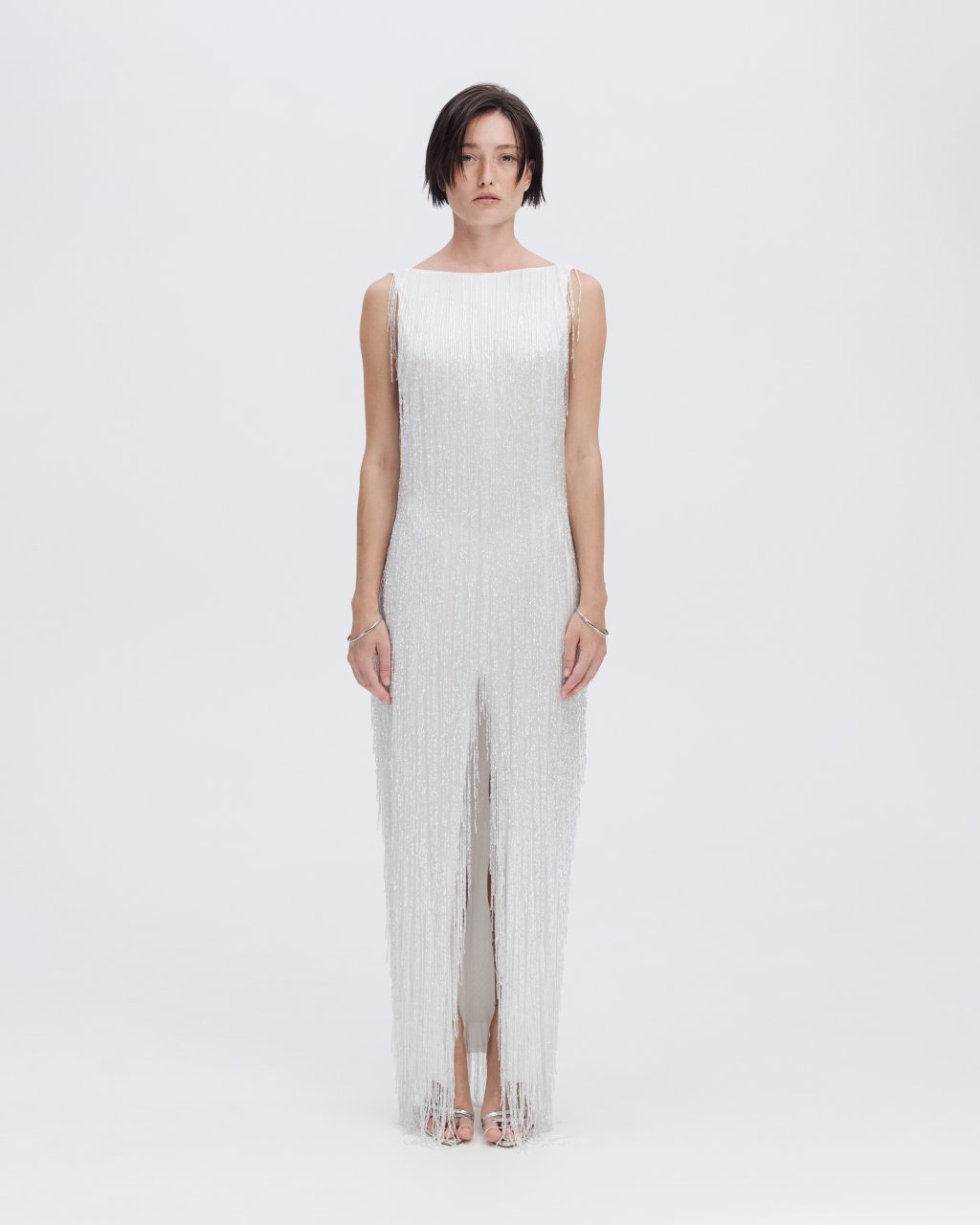 BEADED FRINGE MAXI DRESS IN WHITE
