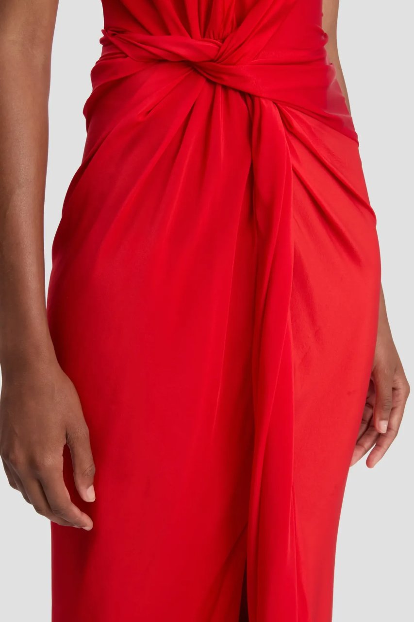 ASYMMETRIC TWIST DETAIL DRESS IN CARDINAL RED