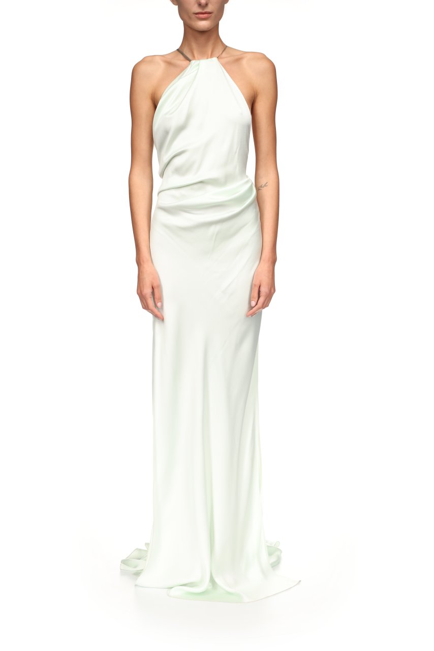 CHAIN DETAIL HALTER GOWN IN ALOE