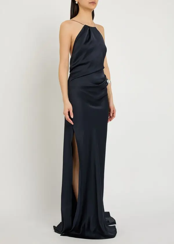 CHAIN DETAIL HALTER GOWN IN NAVY
