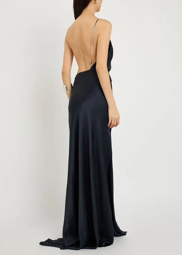 CHAIN DETAIL HALTER GOWN IN NAVY