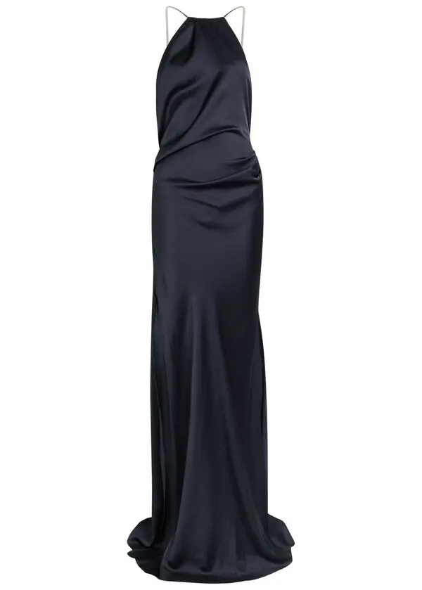 CHAIN DETAIL HALTER GOWN IN NAVY