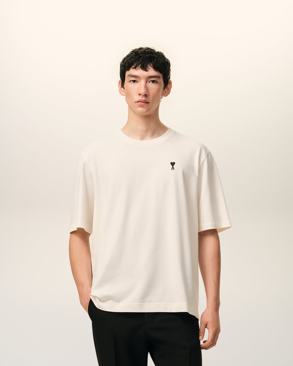 BOXY FIT SHORT SLEEVES ADC TEESHIRT WITH SIGNATURE PRINT AT BACK IN WHITE CREAM