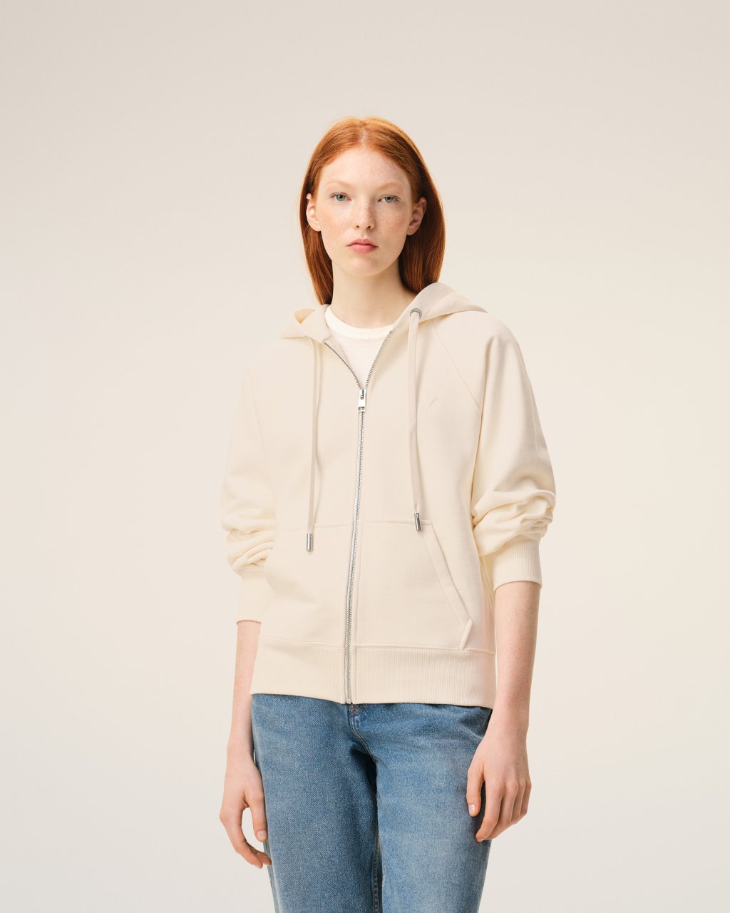 QUOTA -SMALL EMBOSSED ADC HOODIE  WITH ZIP IN WHITE CREAM