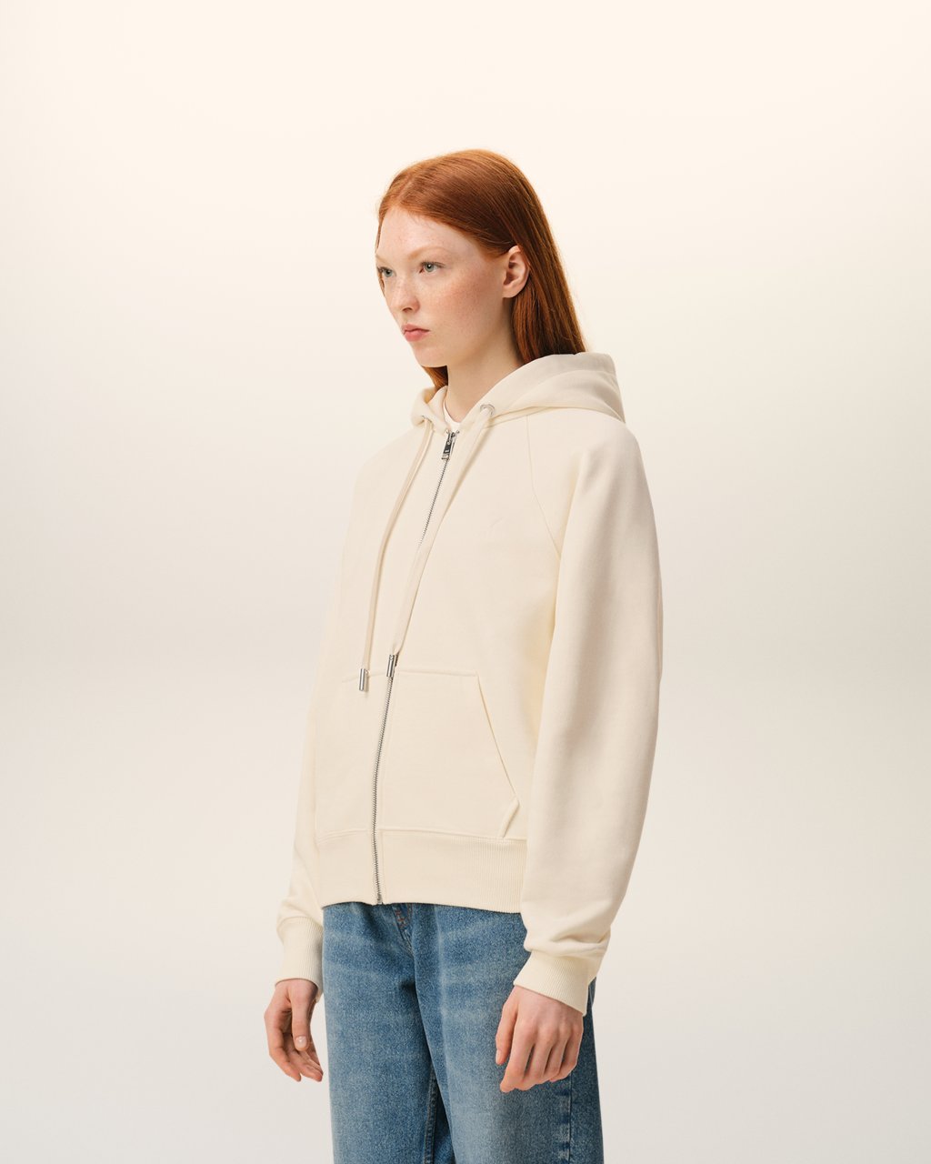 QUOTA -SMALL EMBOSSED ADC HOODIE  WITH ZIP IN WHITE CREAM