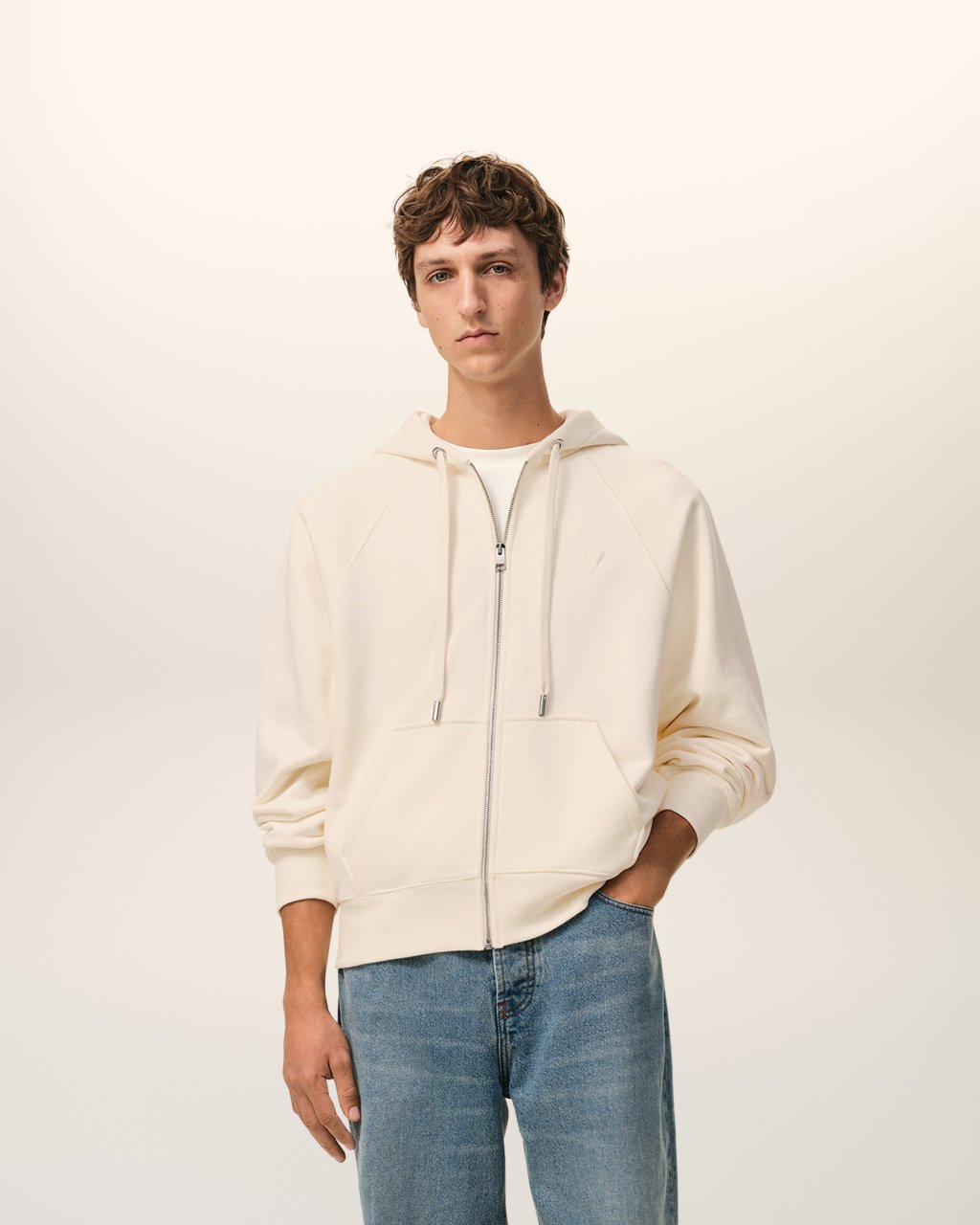QUOTA -SMALL EMBOSSED ADC HOODIE  WITH ZIP IN WHITE CREAM