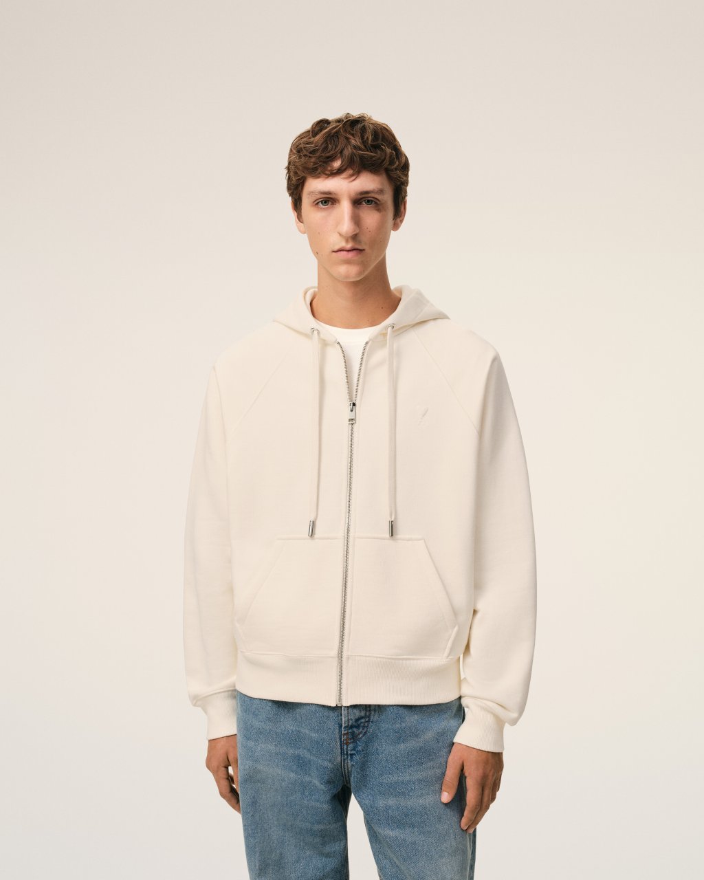QUOTA -SMALL EMBOSSED ADC HOODIE  WITH ZIP IN WHITE CREAM