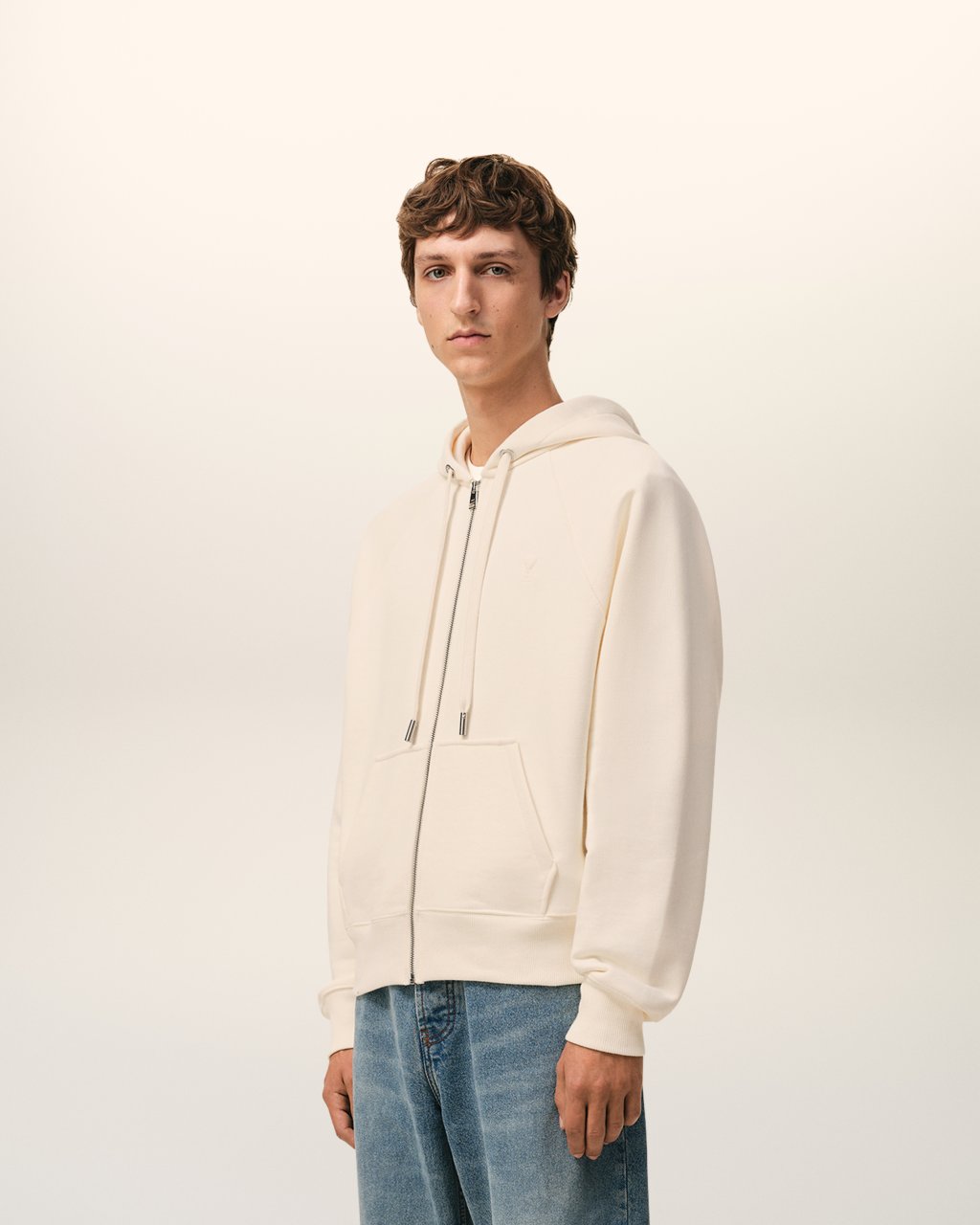 QUOTA -SMALL EMBOSSED ADC HOODIE  WITH ZIP IN WHITE CREAM