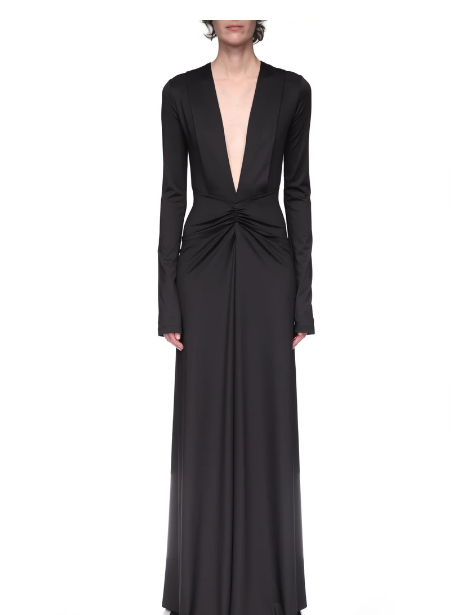 LONG SLEEVE DEEP V-NECK GOWN IN BLACK 