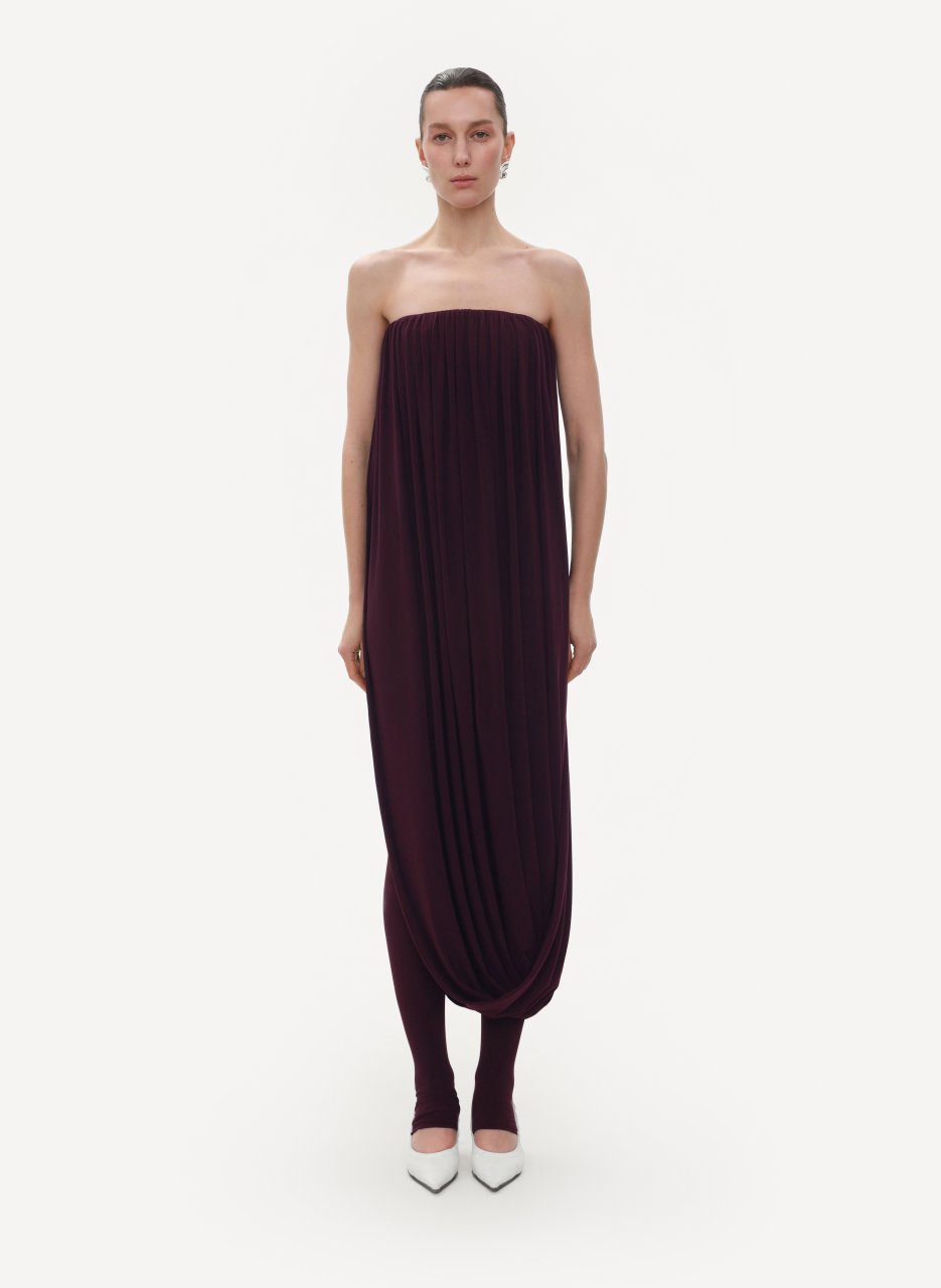 BURGUNDY JERSEY CORSET WITH DRAPED MIDILENGTH PANEL