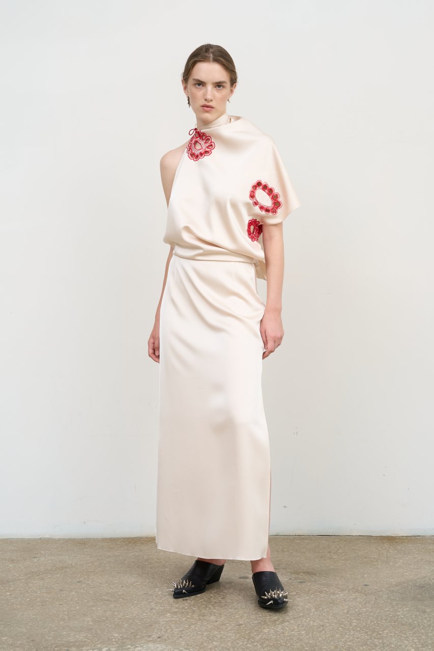 ASYMMETRIC EMBROIDERED HALTERNECK GOWN