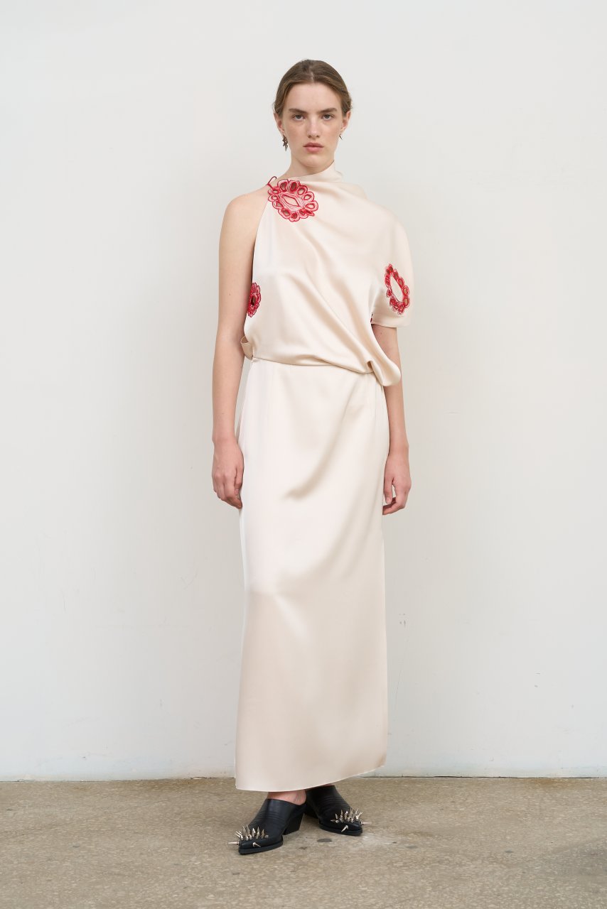 ASYMMETRIC EMBROIDERED HALTERNECK GOWN