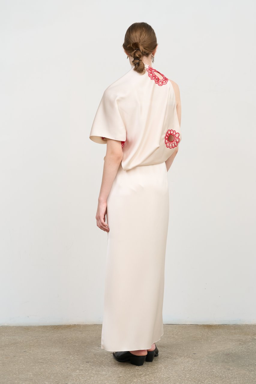 ASYMMETRIC EMBROIDERED HALTERNECK GOWN