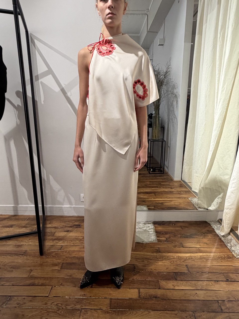 ASYMMETRIC EMBROIDERED HALTERNECK GOWN