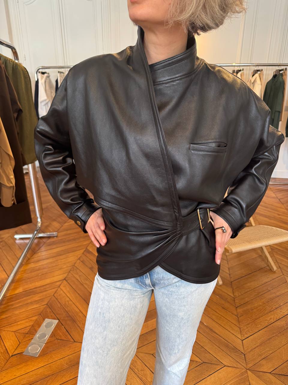 CINDY - PLONGE NAPPA LEATHER CONTOUR JACKET IN BLACK